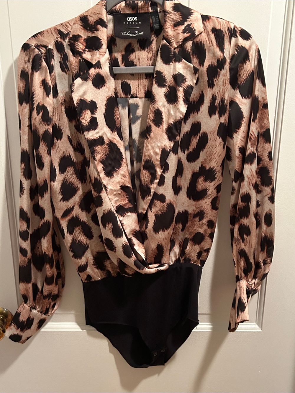 ASOS Leopard-Print Satin Wrap Bodysuit in Beige and Black
